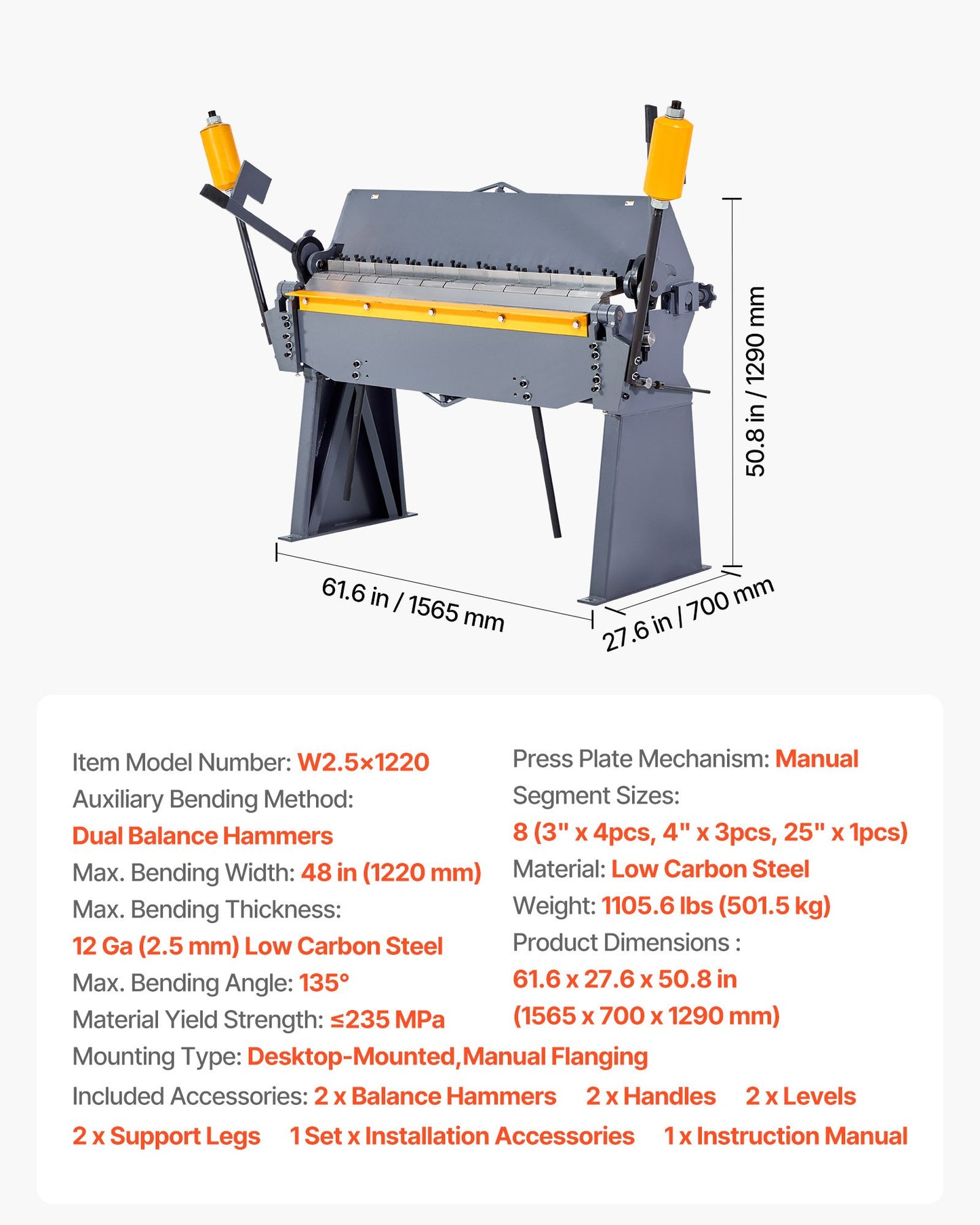 Box and Pan Brake, 48 in Sheet Metal Bending Brake, 12-Gauge Mild Steel Capacity, 0-135 Degree Adjustable, Metal Bender Machine with 8 Fingers, Heavy-Duty Aluminum Folder for Precise Bending