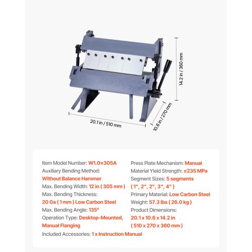 Blechbiegepresse 12 Zoll/305 mm Biegebreite Kasten- und Pfannenbiegepresse 0–135° 20 Ga Blechbiegepresse 5 Finger | EU