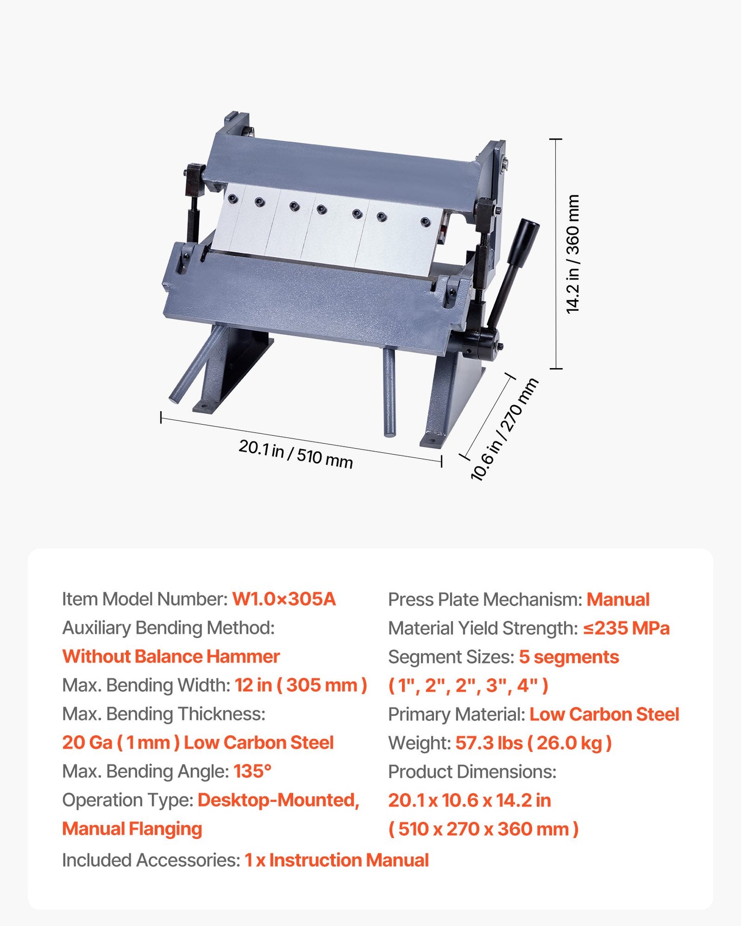 Box and Pan Brake, 12 in Sheet Metal Bending Brake, 20-Gauge Mild Steel Capacity, 0-135 Degree Adjustable, Metal Bender Machine with 5 Fingers, Heavy-Duty Aluminum Folder for Precise Bending