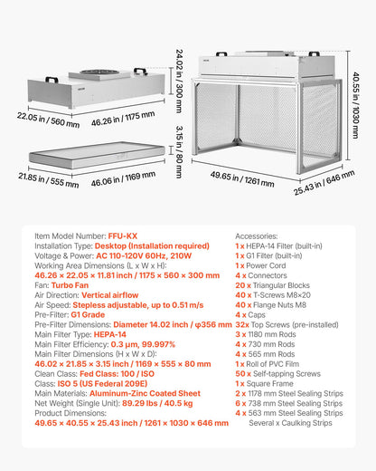 Laminar Flow Hood, 24.02 x 46.06 x 27.36 inch Working Area FUU Fan Filter Unit, Meets Class 100/ISO 5 Clean Room Standards, with HEPA-14 Filter and G1 Pre-Filter, for Laboratory, Mushroom Room