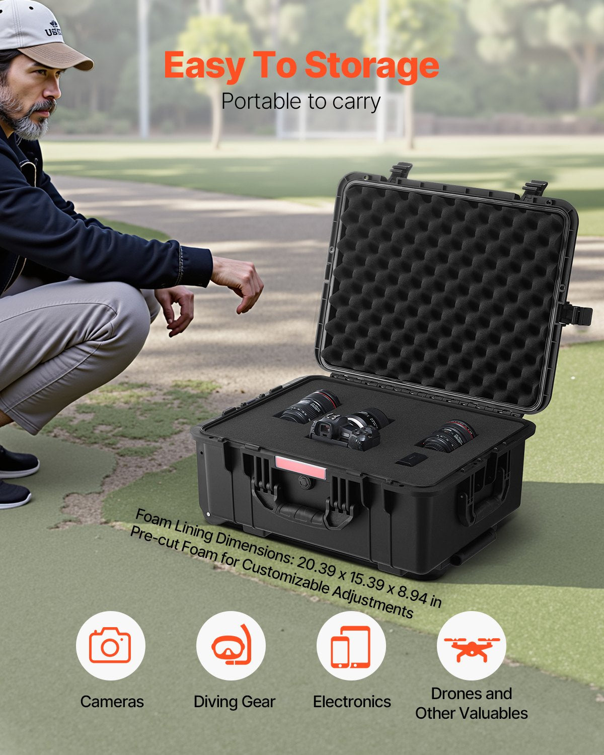 Weatherproof Hard Case, Heavy Duty Protective Dry Box Case with Pre-Cut Foam, Wheels & Retractable Pull Handles for Travel, Hunt, Military, Tactical, IP67 Waterproof Case for Cameras(57x45x28)