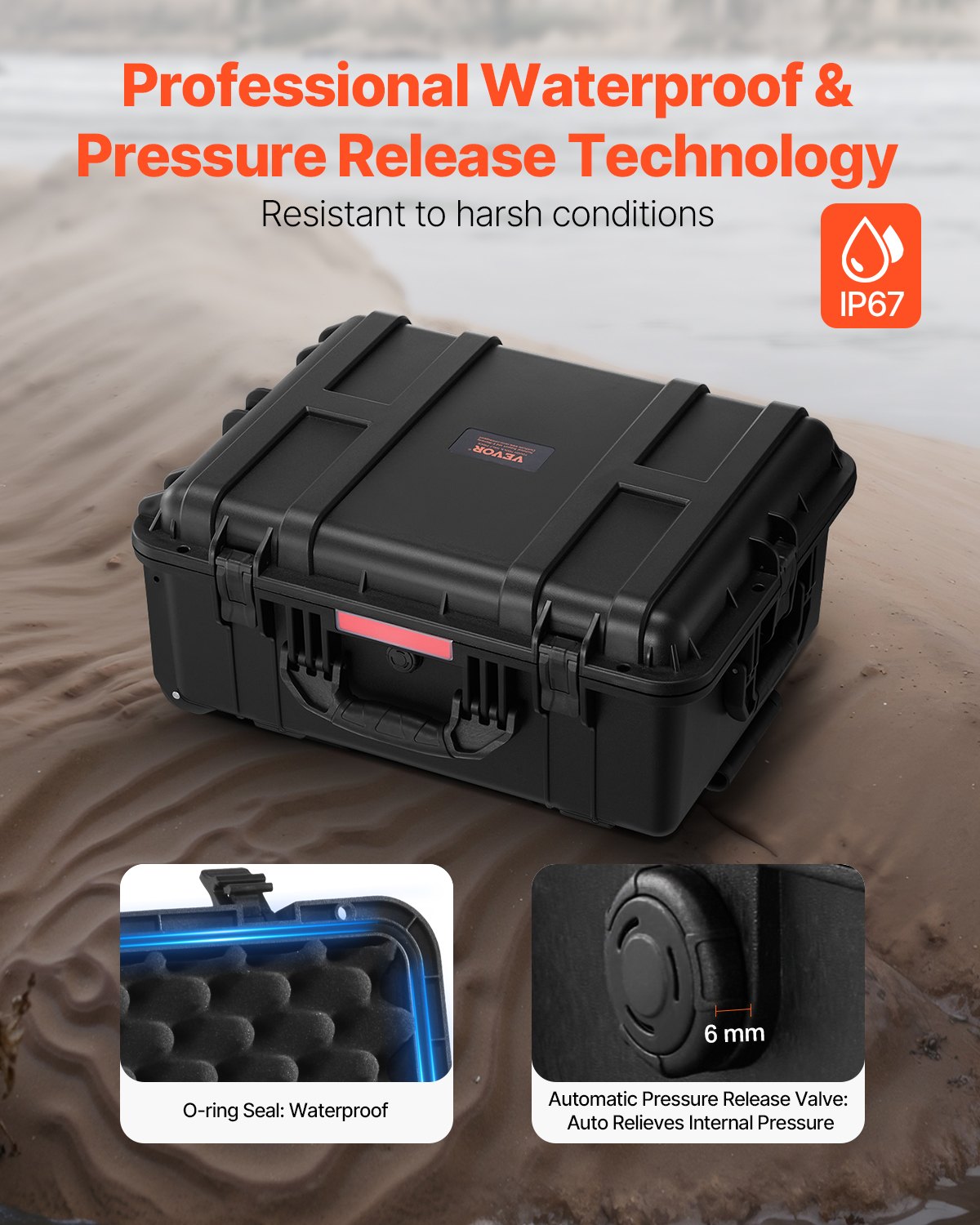 Weatherproof Hard Case, Heavy Duty Protective Dry Box Case with Pre-Cut Foam, Wheels & Retractable Pull Handles for Travel, Hunt, Military, Tactical, IP67 Waterproof Case for Cameras(57x45x28)