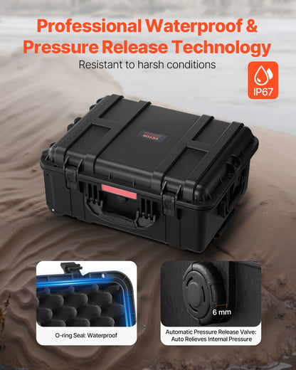 Weatherproof Hard Case, Heavy Duty Protective Dry Box Case with Pre-Cut Foam, Wheels & Retractable Pull Handles for Travel, Hunt, Military, Tactical, IP67 Waterproof Case for Cameras(57x45x28)