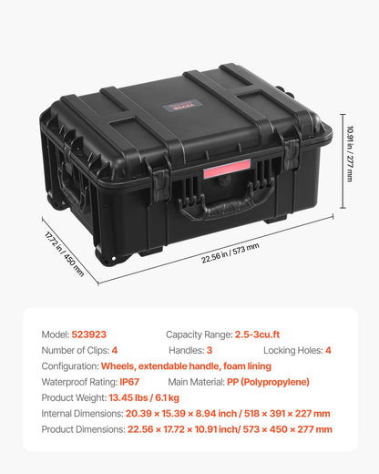 Weatherproof Hard Case, Heavy Duty Protective Dry Box Case with Pre-Cut Foam, Wheels & Retractable Pull Handles for Travel, Hunt, Military, Tactical, IP67 Waterproof Case for Cameras(57x45x28)