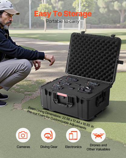 Weatherproof Hard Case, Heavy Duty Protective Dry Box Case with Pre-Cut Foam, Wheels & Retractable Pull Handles for Travel, Hunt, Military, Tactical, IP67 Waterproof Case for Cameras(63x50x32)