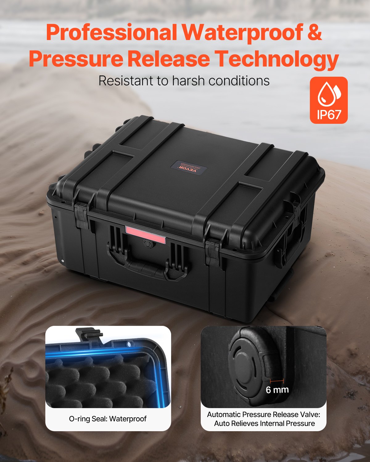 Weatherproof Hard Case, Heavy Duty Protective Dry Box Case with Pre-Cut Foam, Wheels & Retractable Pull Handles for Travel, Hunt, Military, Tactical, IP67 Waterproof Case for Cameras(63x50x32)