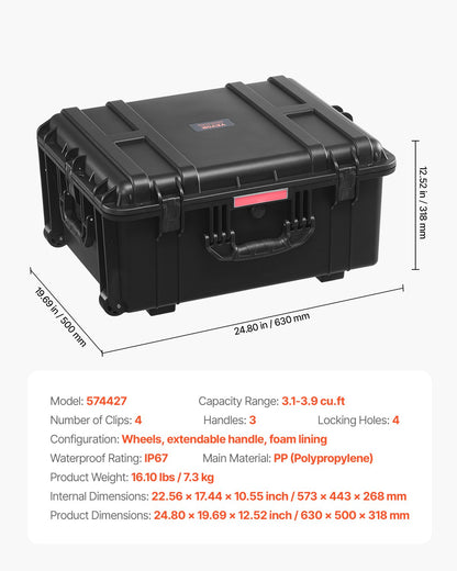 Weatherproof Hard Case, Heavy Duty Protective Dry Box Case with Pre-Cut Foam, Wheels & Retractable Pull Handles for Travel, Hunt, Military, Tactical, IP67 Waterproof Case for Cameras(63x50x32)
