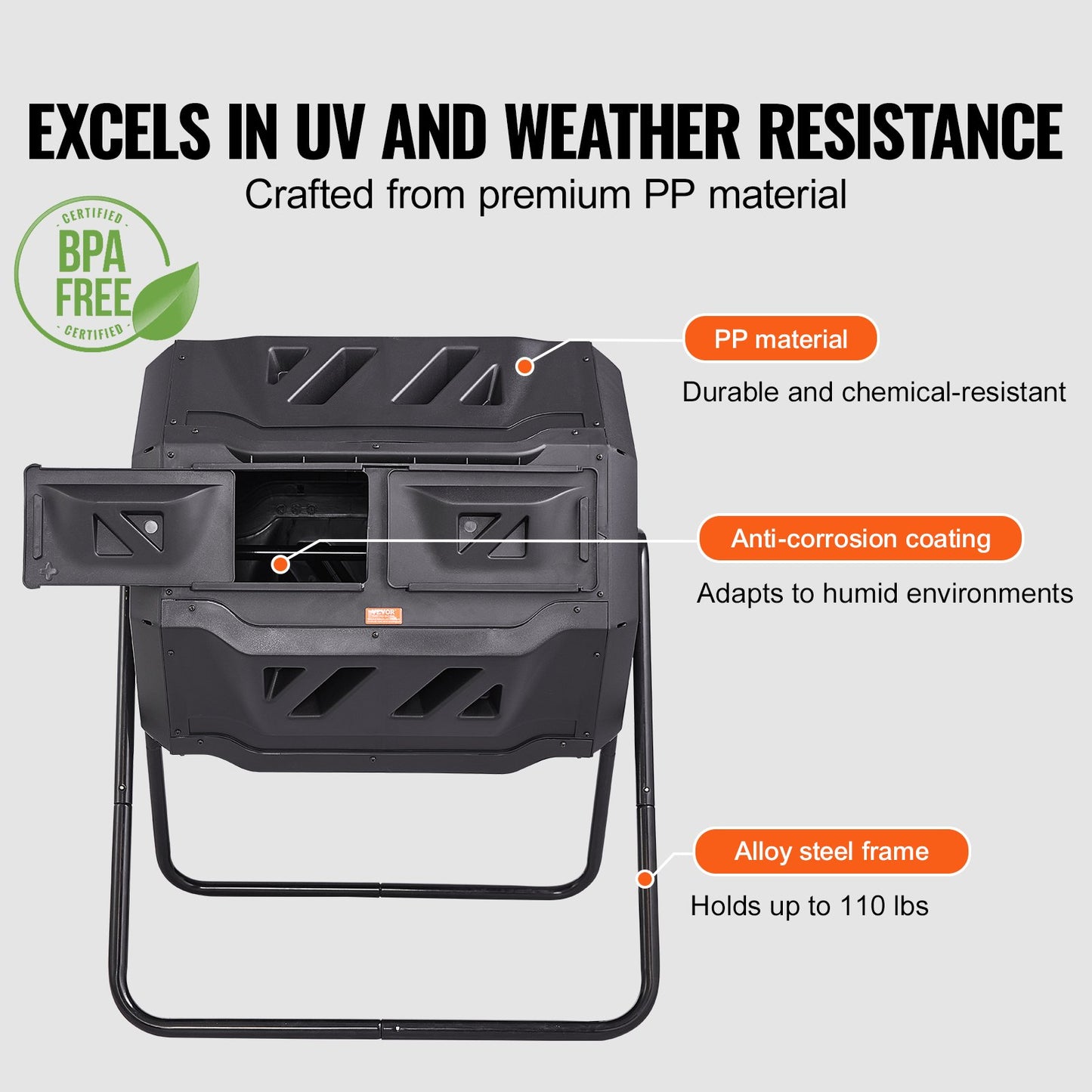 Kompostbehållare, 43-Gal dubbelkammare komposteringsbehållare, stor tumlande roterande kompost med 2 skjutdörrar och stålram, BPA-fri kompostbehållare för trädgård, kök, gård, utomhus