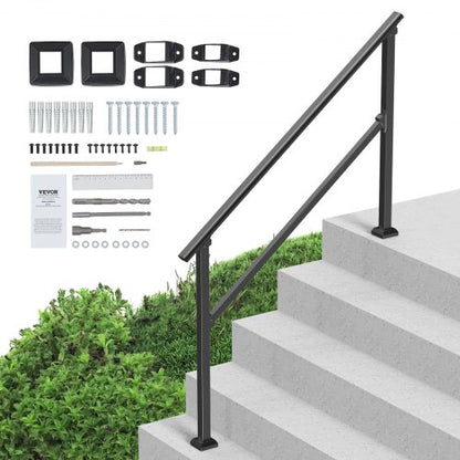 Handrails for Outdoor Steps, 4-5 Step Stair Hand Rail Kit, Transitional Carbon Steel Railings with Installation Kit, Stair Rails for Seniors, Concrete Steps & Porch & Deck, Black Square Tube