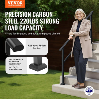 Handrails for Outdoor Steps, 4-5 Step Stair Hand Rail Kit, Transitional Carbon Steel Railings with Installation Kit, Stair Rails for Seniors, Concrete Steps & Porch & Deck, Black Square Tube