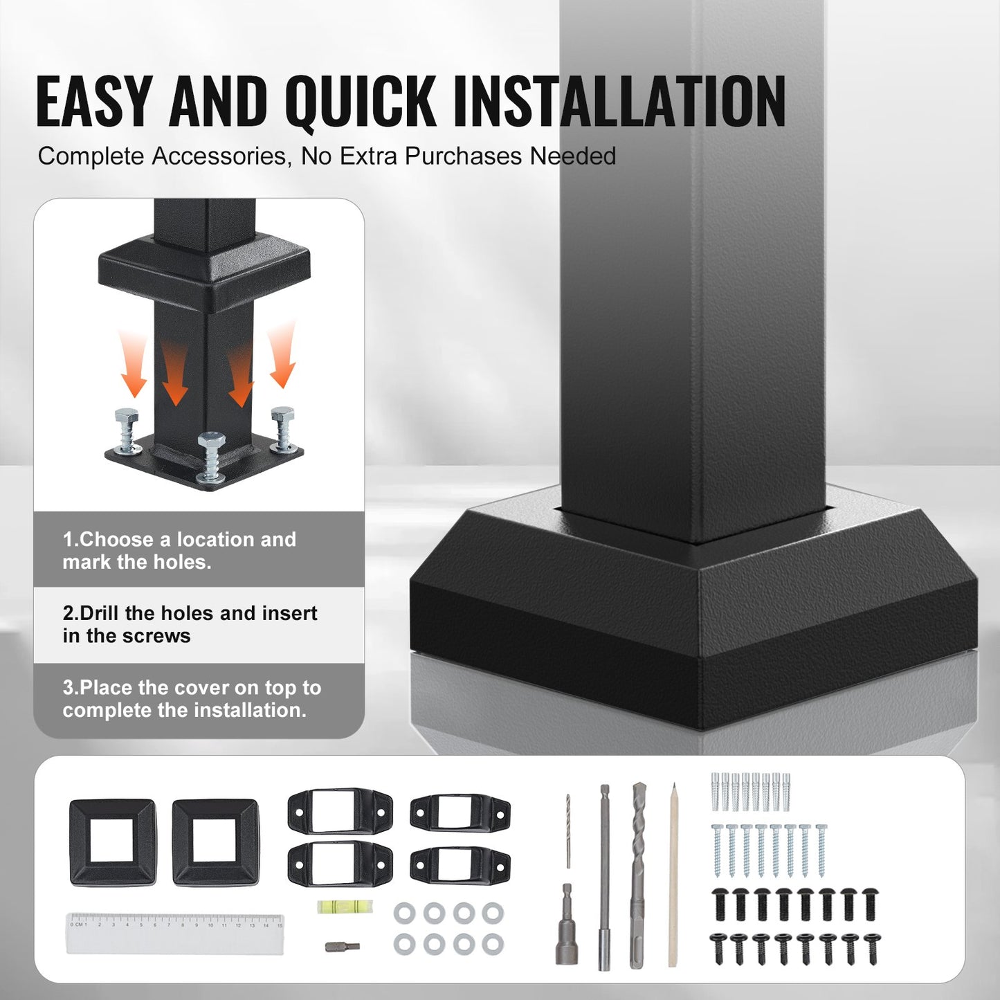 Handrails for Outdoor Steps, 4-5 Step Stair Hand Rail Kit, Transitional Carbon Steel Railings with Installation Kit, Stair Rails for Seniors, Concrete Steps & Porch & Deck, Black Square Tube