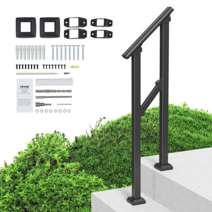Handrails for Outdoor Steps, 1-2 Step Stair Hand Rail Kit, Transitional Carbon Steel Railings with Installation Kit, Stair Rails for Seniors, Concrete Steps & Porch & Deck, Black Square Tube