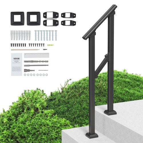 Handrails for Outdoor Steps, 1-2 Step Stair Hand Rail Kit, Transitional Carbon Steel Railings with Installation Kit, Stair Rails for Seniors, Concrete Steps & Porch & Deck, Black Square Tube