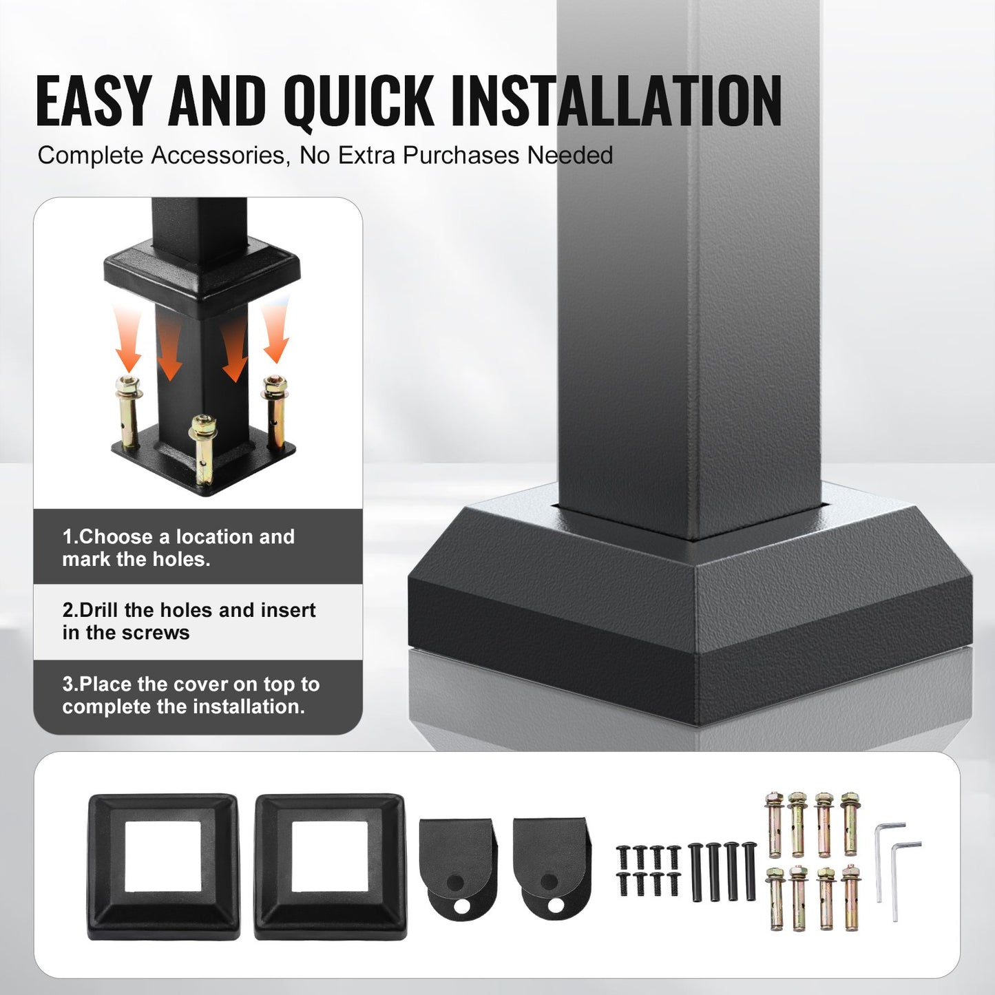 Outdoor Handrails for Steps, 2-3 Step Stair Rail Kit, Black Square Tube with Horizontal Bar, Carbon Steel Support Rails for Seniors, Concrete & Deck Stairs, Easy Installation