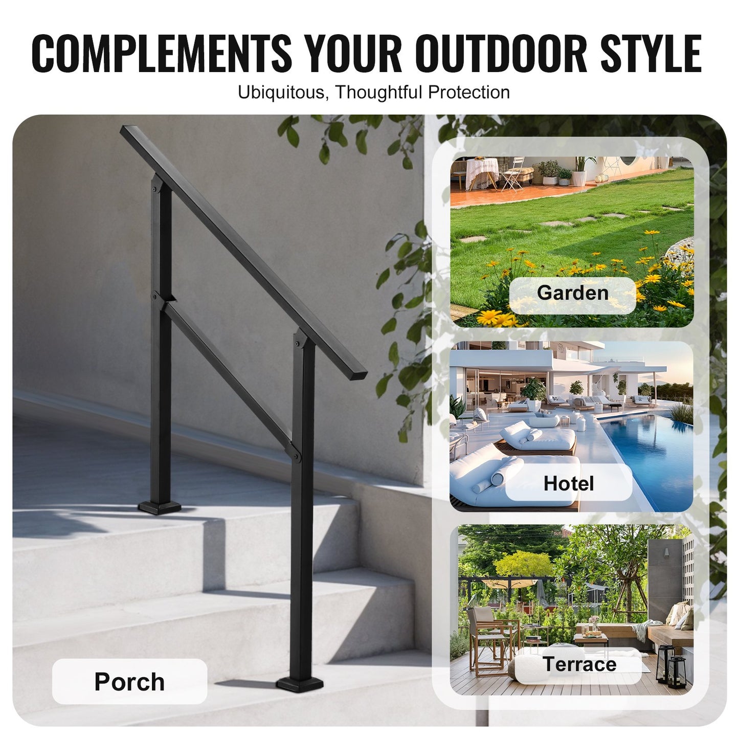 Outdoor Handrails for Steps, 2-3 Step Stair Rail Kit, Black Square Tube with Horizontal Bar, Carbon Steel Support Rails for Seniors, Concrete & Deck Stairs, Easy Installation