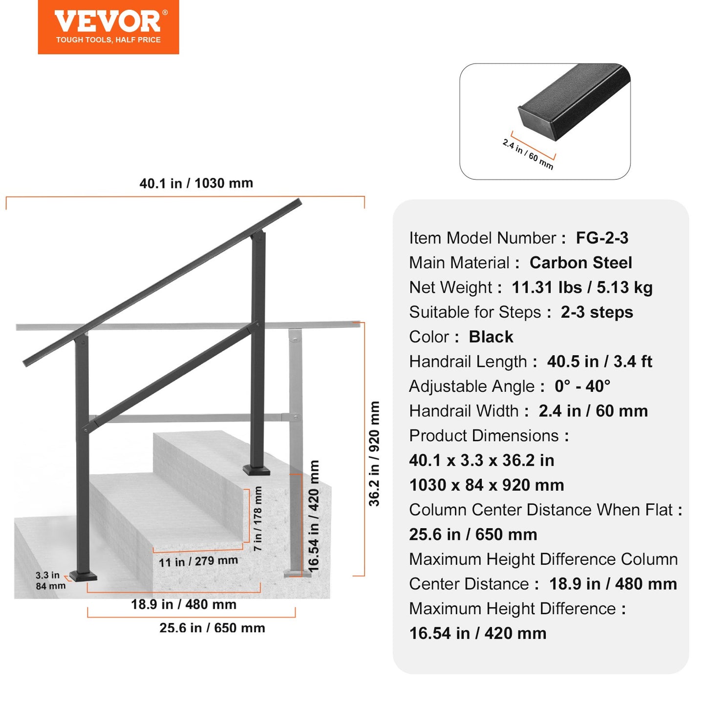 Outdoor Handrails for Steps, 2-3 Step Stair Rail Kit, Black Square Tube with Horizontal Bar, Carbon Steel Support Rails for Seniors, Concrete & Deck Stairs, Easy Installation