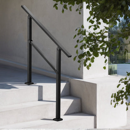 Outdoor Handrails for Steps, 2-3 Step Stair Rail Kit, Black Square Tube with Horizontal Bar, Carbon Steel Support Rails for Seniors, Concrete & Deck Stairs, Easy Installation