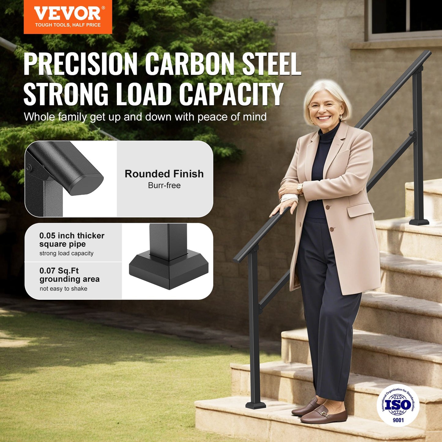 Handrails for Outdoor Steps, 5 Step Stair Hand Rail Kit, Transitional Carbon Steel Railings with Installation Kit, Stair Rails for Seniors, Concrete Steps & Porch & Deck, Black Square Tube