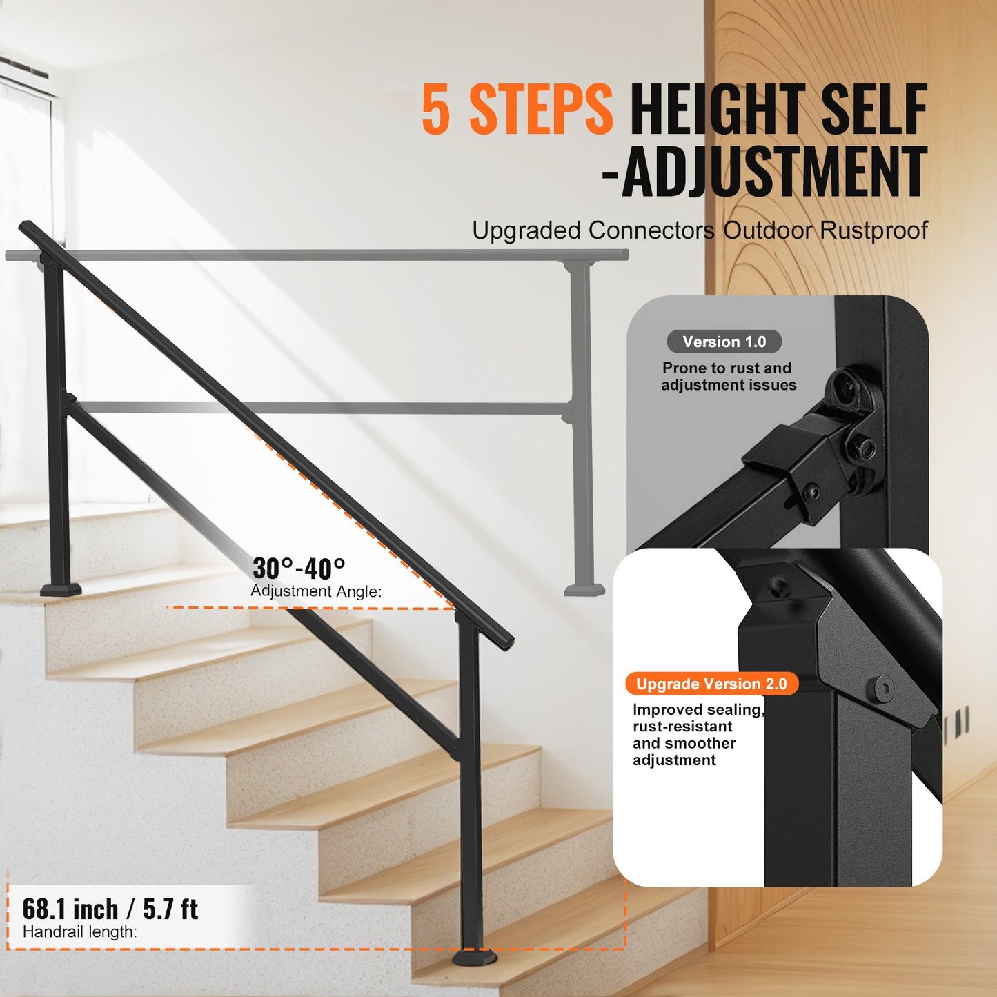 Handrails for Outdoor Steps, 5 Step Stair Hand Rail Kit, Transitional Carbon Steel Railings with Installation Kit, Stair Rails for Seniors, Concrete Steps & Porch & Deck, Black Square Tube