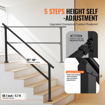Handrails for Outdoor Steps, 5 Step Stair Hand Rail Kit, Transitional Carbon Steel Railings with Installation Kit, Stair Rails for Seniors, Concrete Steps & Porch & Deck, Black Square Tube