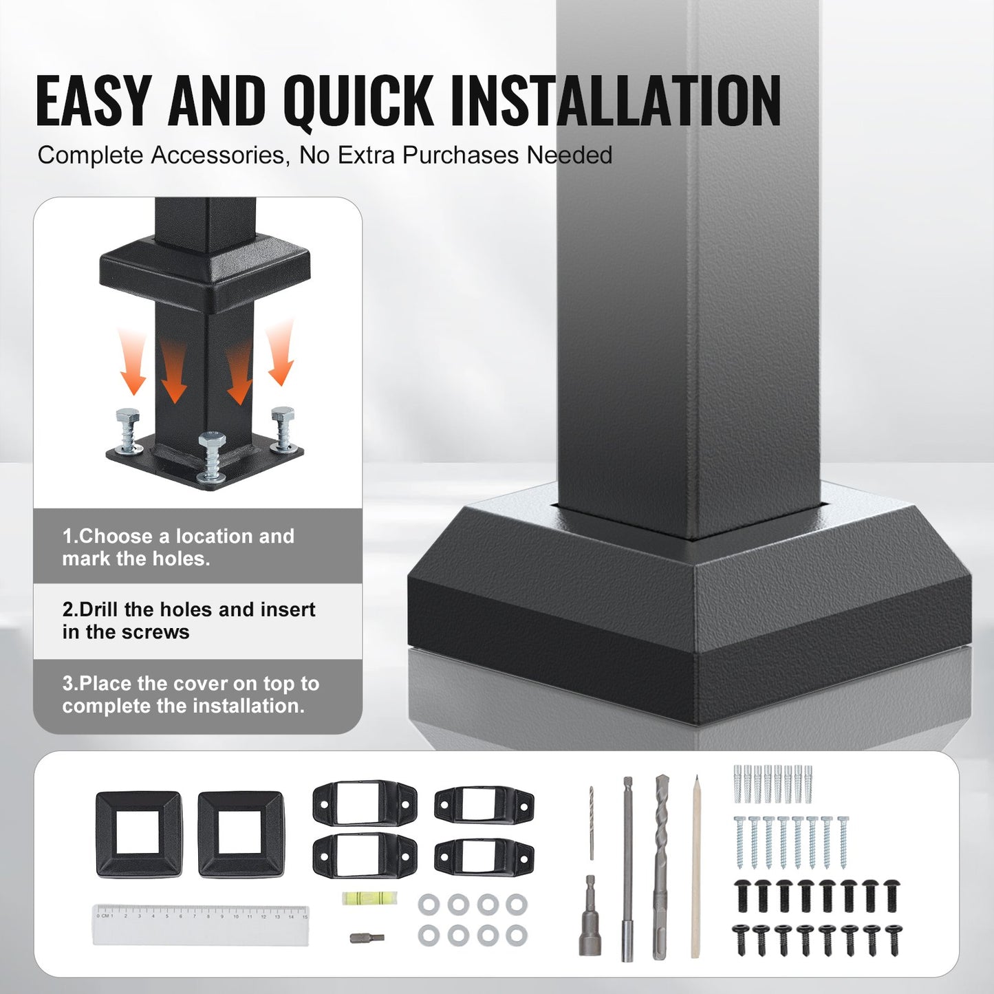 Handrails for Outdoor Steps, 5 Step Stair Hand Rail Kit, Transitional Carbon Steel Railings with Installation Kit, Stair Rails for Seniors, Concrete Steps & Porch & Deck, Black Square Tube
