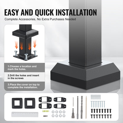Handrails for Outdoor Steps, 5 Step Stair Hand Rail Kit, Transitional Carbon Steel Railings with Installation Kit, Stair Rails for Seniors, Concrete Steps & Porch & Deck, Black Square Tube