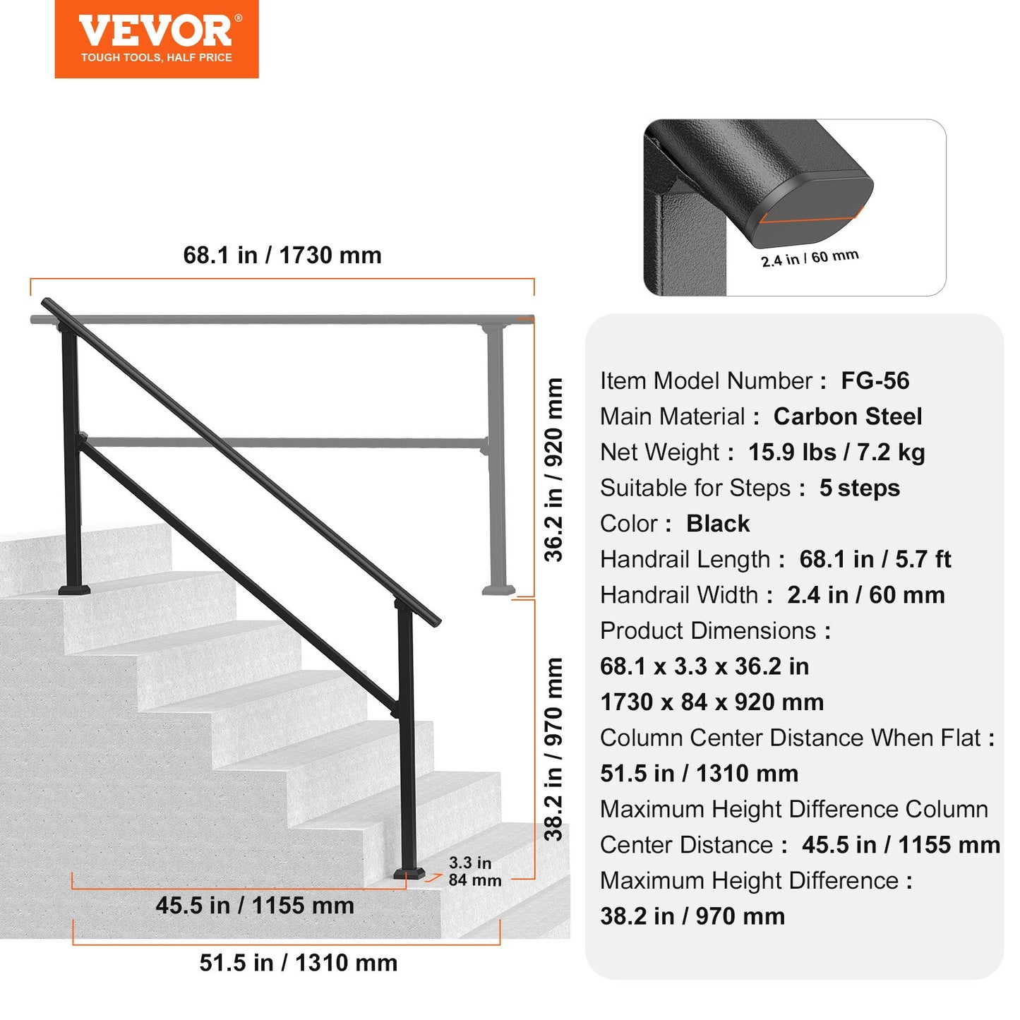 Handrails for Outdoor Steps, 5 Step Stair Hand Rail Kit, Transitional Carbon Steel Railings with Installation Kit, Stair Rails for Seniors, Concrete Steps & Porch & Deck, Black Square Tube