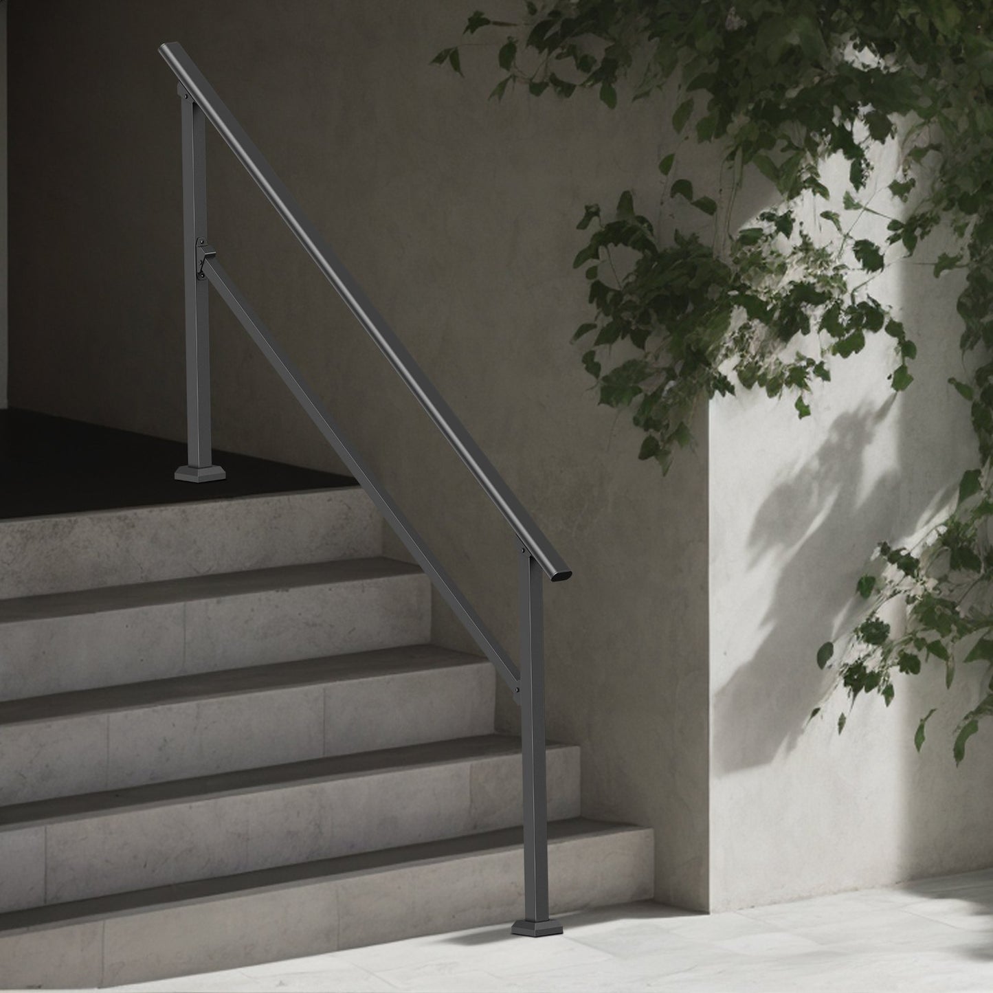 Handrails for Outdoor Steps, 5 Step Stair Hand Rail Kit, Transitional Carbon Steel Railings with Installation Kit, Stair Rails for Seniors, Concrete Steps & Porch & Deck, Black Square Tube