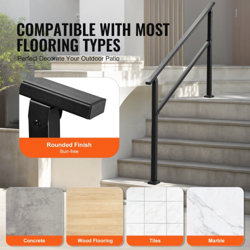 Utomhusräcken för trappor, Trappräckessats för 4–5 steg, Svart fyrkantigt rör med horisontell stång, Stödräcken i kolstål för seniorer, Betong- och altantrappor, Enkel installation |  EU