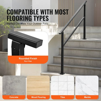 Utomhusräcken för trappor, Trappräckessats för 4–5 steg, Svart fyrkantigt rör med horisontell stång, Stödräcken i kolstål för seniorer, Betong- och altantrappor, Enkel installation |  EU