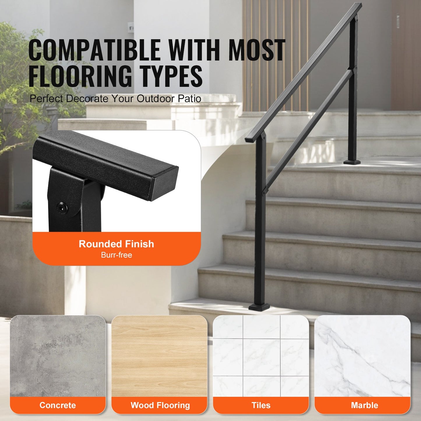 Outdoor Handrails for Steps, 4-5 Step Stair Rail Kit, Black Square Tube with Horizontal Bar, Carbon Steel Support Rails for Seniors, Concrete & Deck Stairs, Easy Installation