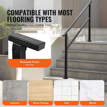 Outdoor Handrails for Steps, 4-5 Step Stair Rail Kit, Black Square Tube with Horizontal Bar, Carbon Steel Support Rails for Seniors, Concrete & Deck Stairs, Easy Installation