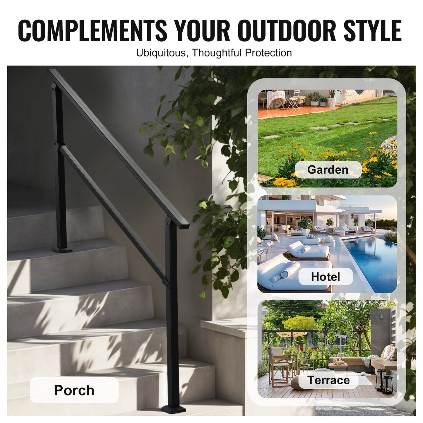 Outdoor Handrails for Steps, 4-5 Step Stair Rail Kit, Black Square Tube with Horizontal Bar, Carbon Steel Support Rails for Seniors, Concrete & Deck Stairs, Easy Installation