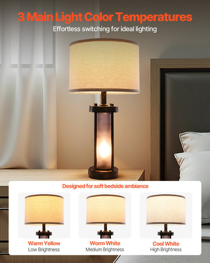 Table Lamps Set of 2, Dimmable Farmhouse Bedside Nightstand Lamps, Vintage Lamp with LED Bulb and Linen Shades, Bedside Lamp with USB C+A Ports & AC Outlet, for Living Room, Bedroom & Office