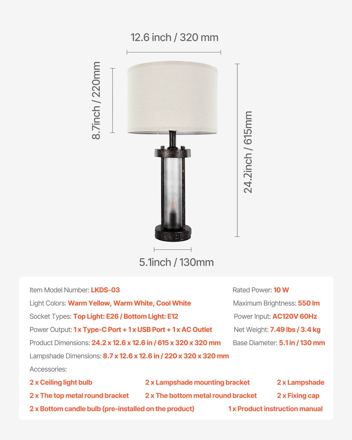 Table Lamps Set of 2, Dimmable Farmhouse Bedside Nightstand Lamps, Vintage Lamp with LED Bulb and Linen Shades, Bedside Lamp with USB C+A Ports & AC Outlet, for Living Room, Bedroom & Office