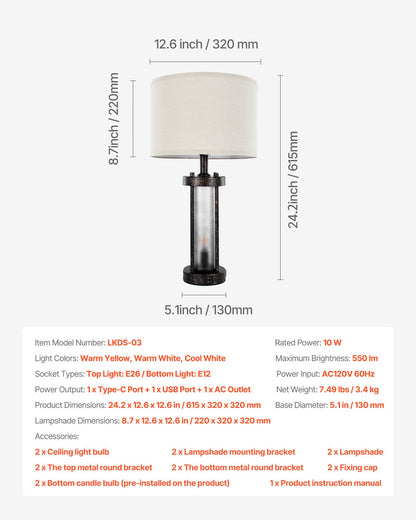 Table Lamps Set of 2, Dimmable Farmhouse Bedside Nightstand Lamps, Vintage Lamp with LED Bulb and Linen Shades, Bedside Lamp with USB C+A Ports & AC Outlet, for Living Room, Bedroom & Office