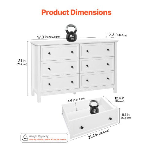 Chest of drawers with 6 drawers in wood, pull-out and anti-tip, white | EU
