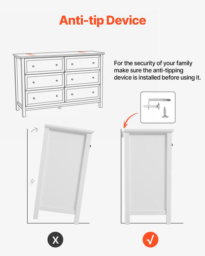 6 Drawer Dresser, Wooden Chest of Drawers with Sliding and Anti-tip Device, Retro Minimalist Dresser Chest, Closet Storage TV Stand Organizer for Living Room, Hallway, Bedroom, Entryway, White