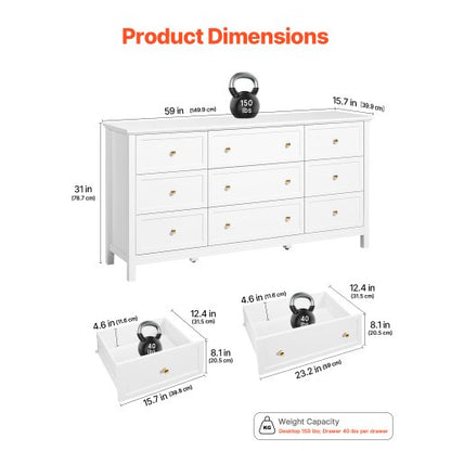 Wooden chest of drawers with 9 drawers, sliding drawers and anti-tip, white | EU