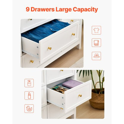 Wooden chest of drawers with 9 drawers, sliding drawers and anti-tip, white | EU