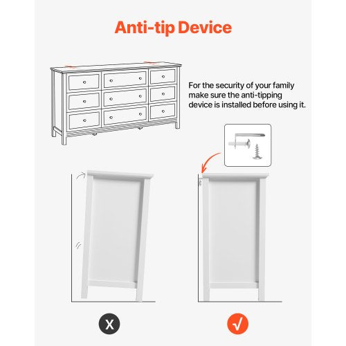 Wooden chest of drawers with 9 drawers, sliding drawers and anti-tip, white | EU