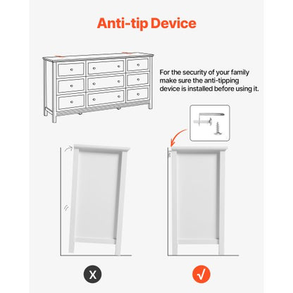 Wooden chest of drawers with 9 drawers, sliding drawers and anti-tip, white | EU