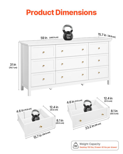 9 Drawer Dresser, Wooden Chest of Drawers with Sliding and Anti-tip Device, Retro Minimalist Dresser Chest, Closet Storage TV Stand Organizer for Living Room, Hallway, Bedroom, Entryway, White