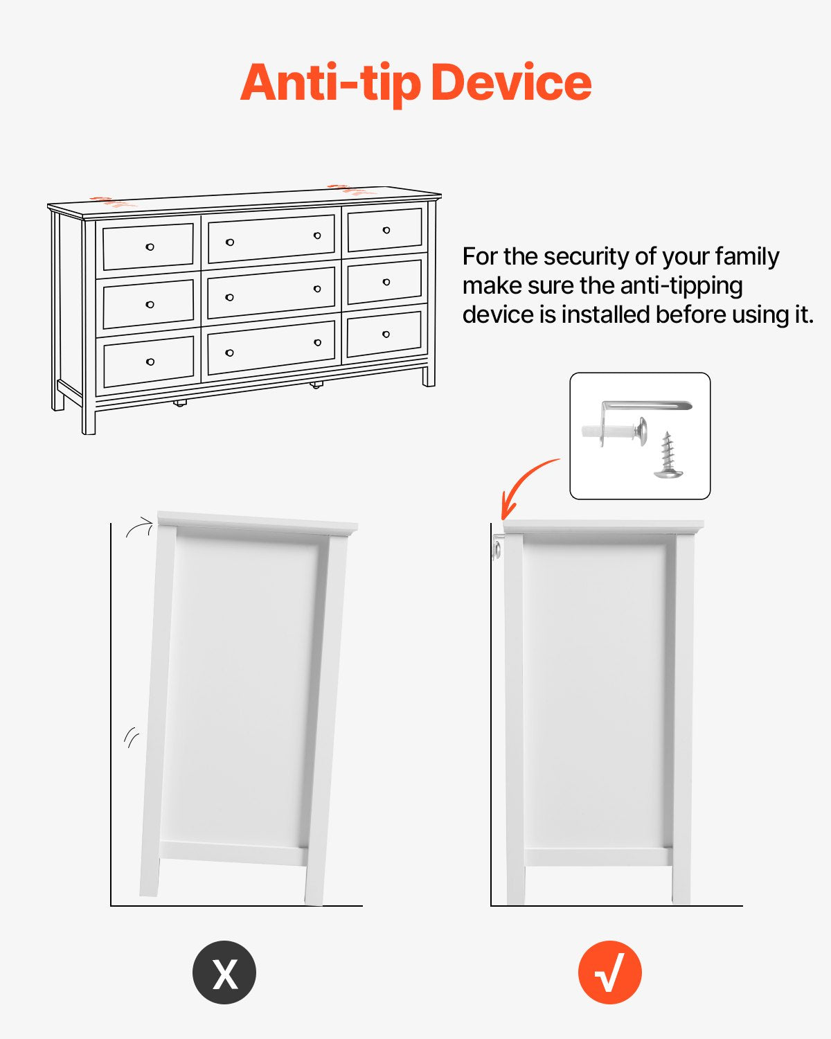 9 Drawer Dresser, Wooden Chest of Drawers with Sliding and Anti-tip Device, Retro Minimalist Dresser Chest, Closet Storage TV Stand Organizer for Living Room, Hallway, Bedroom, Entryway, White