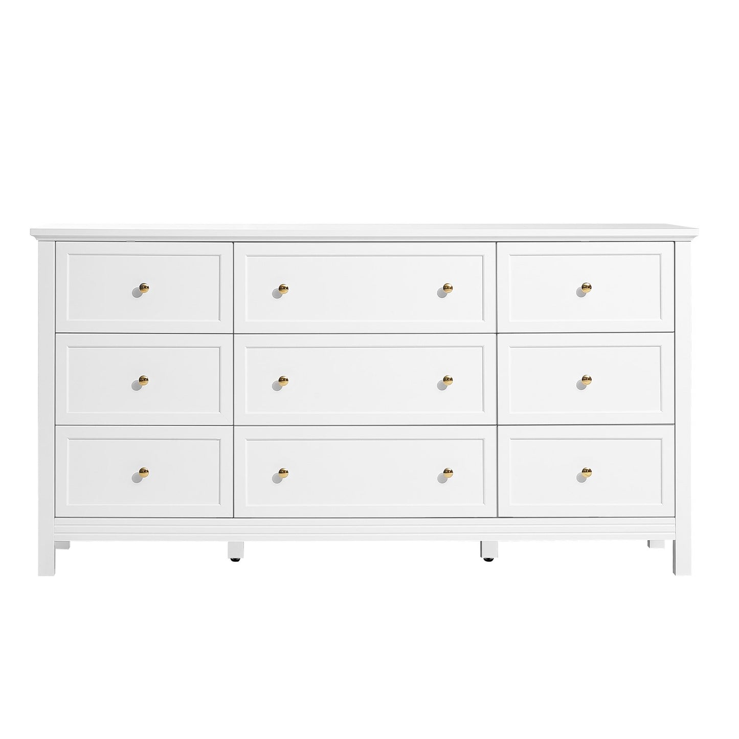 9 Drawer Dresser, Wooden Chest of Drawers with Sliding and Anti-tip Device, Retro Minimalist Dresser Chest, Closet Storage TV Stand Organizer for Living Room, Hallway, Bedroom, Entryway, White
