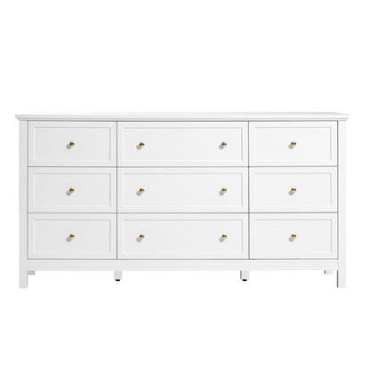 9 Drawer Dresser, Wooden Chest of Drawers with Sliding and Anti-tip Device, Retro Minimalist Dresser Chest, Closet Storage TV Stand Organizer for Living Room, Hallway, Bedroom, Entryway, White