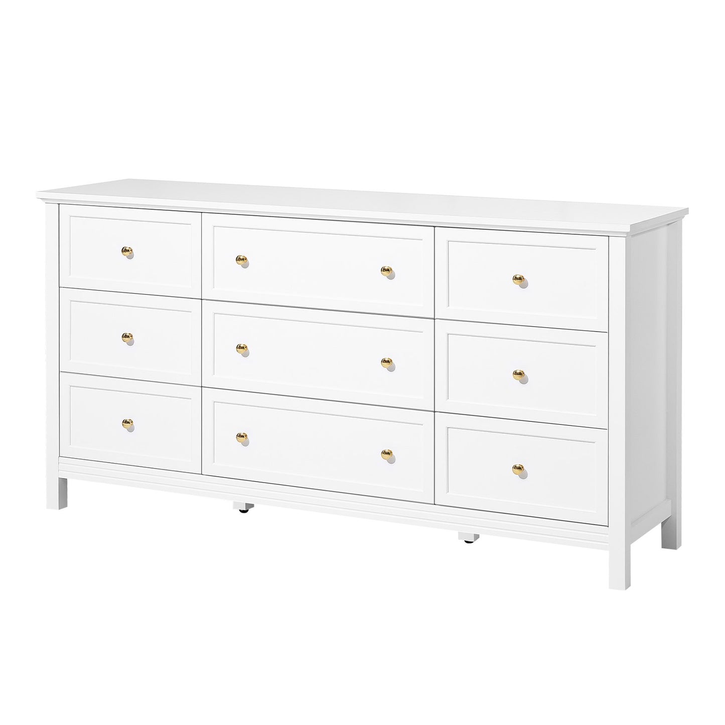 9 Drawer Dresser, Wooden Chest of Drawers with Sliding and Anti-tip Device, Retro Minimalist Dresser Chest, Closet Storage TV Stand Organizer for Living Room, Hallway, Bedroom, Entryway, White