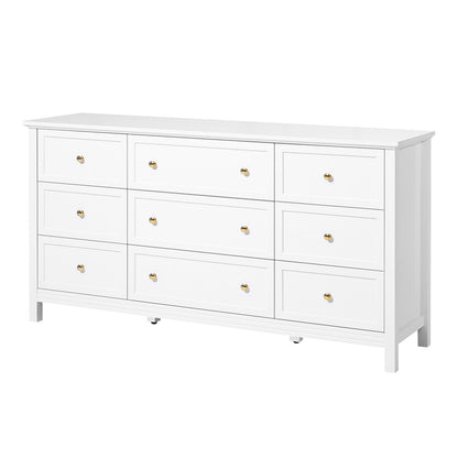 9 Drawer Dresser, Wooden Chest of Drawers with Sliding and Anti-tip Device, Retro Minimalist Dresser Chest, Closet Storage TV Stand Organizer for Living Room, Hallway, Bedroom, Entryway, White