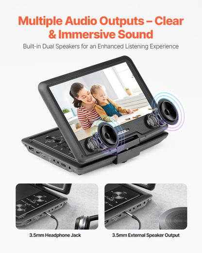 Portable DVD Player, 10.1 inch HD Swivel Display Screen, 4 Hours Built-in Rechargeable Battery, Dual Speakers, Support Sync TV/USB/SD Card/CD/DVD, Car Charger, AC Power Adapter, Remote Control