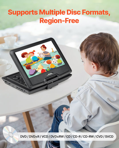 Portable DVD Player, 10.1 inch HD Swivel Display Screen, 4 Hours Built-in Rechargeable Battery, Dual Speakers, Support Sync TV/USB/SD Card/CD/DVD, Car Charger, AC Power Adapter, Remote Control